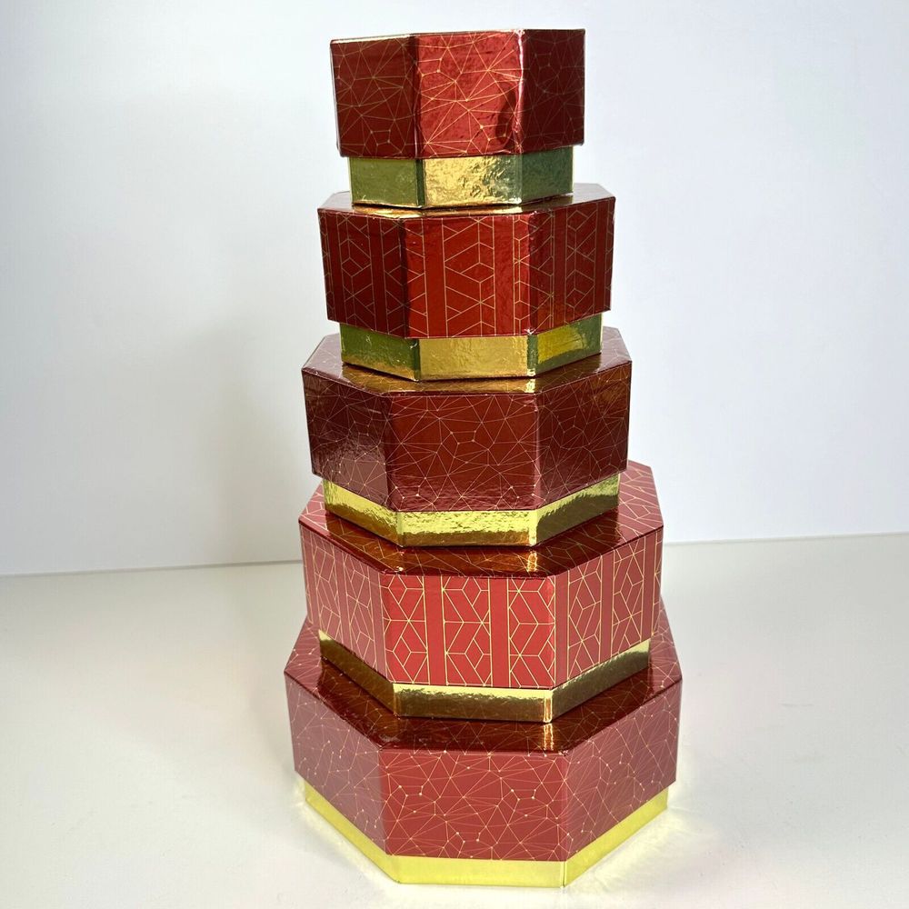 Nested Boxes Set of 5 Red and Gold Stackable with Lids